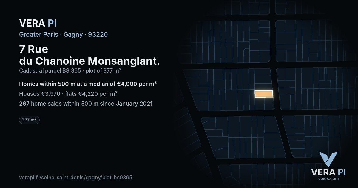 7 Rue du Chanoine Monsanglant, Gagny at night – the plot lit, the parcels around coloured by the prices near them