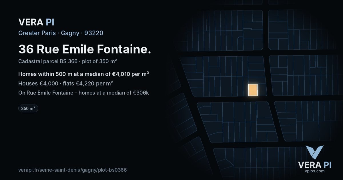 36 Rue Emile Fontaine, Gagny at night – the plot lit, the parcels around coloured by the prices near them