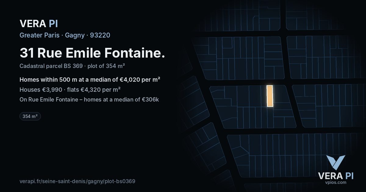 31 Rue Emile Fontaine, Gagny at night – the plot lit, the parcels around coloured by the prices near them