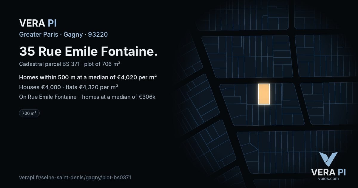 35 Rue Emile Fontaine, Gagny at night – the plot lit, the parcels around coloured by the prices near them