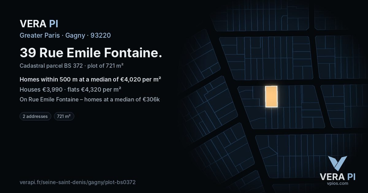 39 Rue Emile Fontaine, Gagny at night – the plot lit, the parcels around coloured by the prices near them