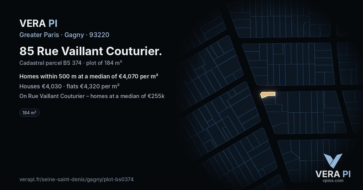 85 Rue Vaillant Couturier, Gagny at night – the plot lit, the parcels around coloured by the prices near them