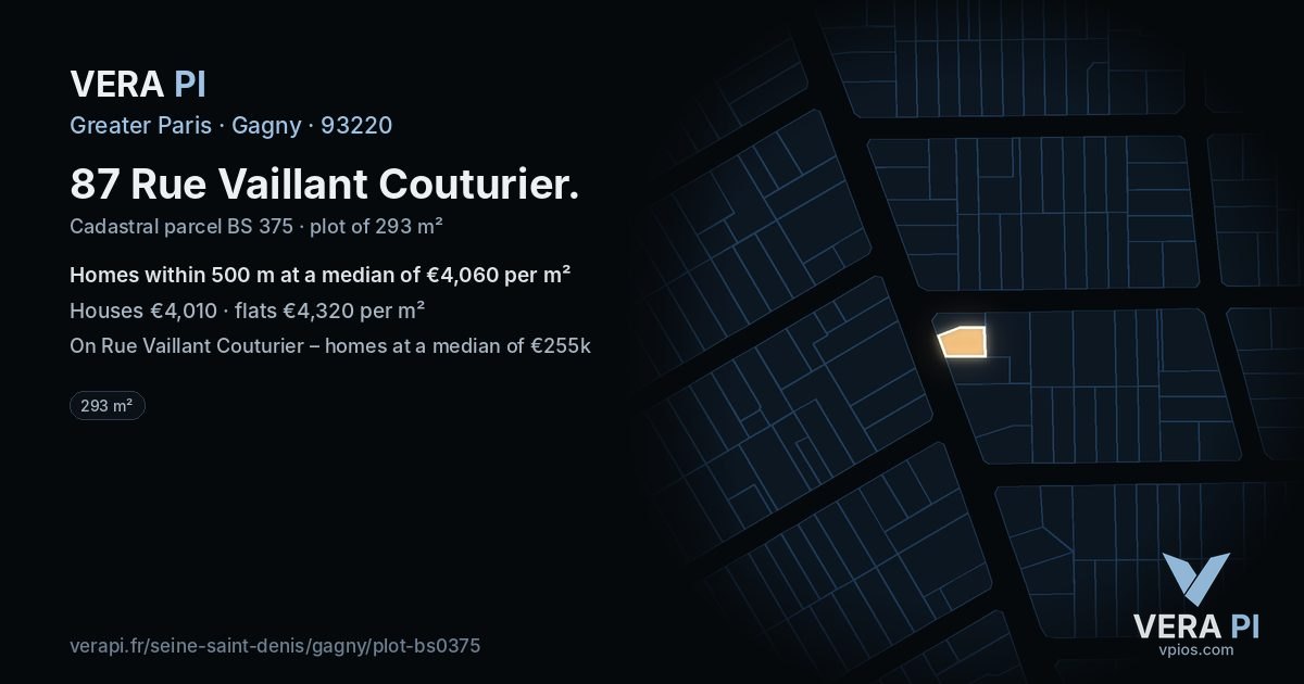 87 Rue Vaillant Couturier, Gagny at night – the plot lit, the parcels around coloured by the prices near them
