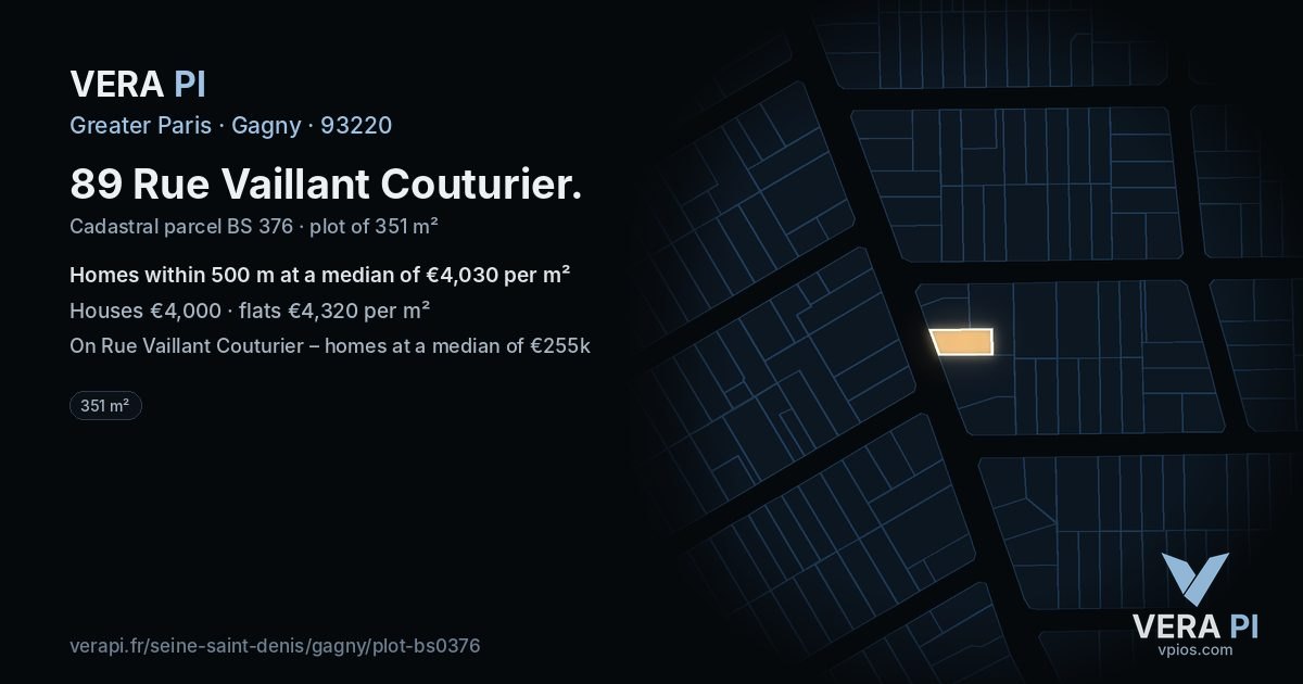 89 Rue Vaillant Couturier, Gagny at night – the plot lit, the parcels around coloured by the prices near them