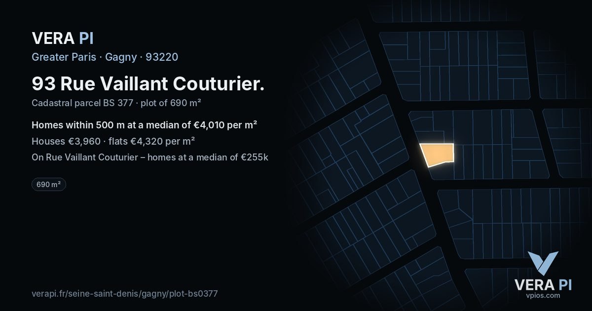 93 Rue Vaillant Couturier, Gagny at night – the plot lit, the parcels around coloured by the prices near them