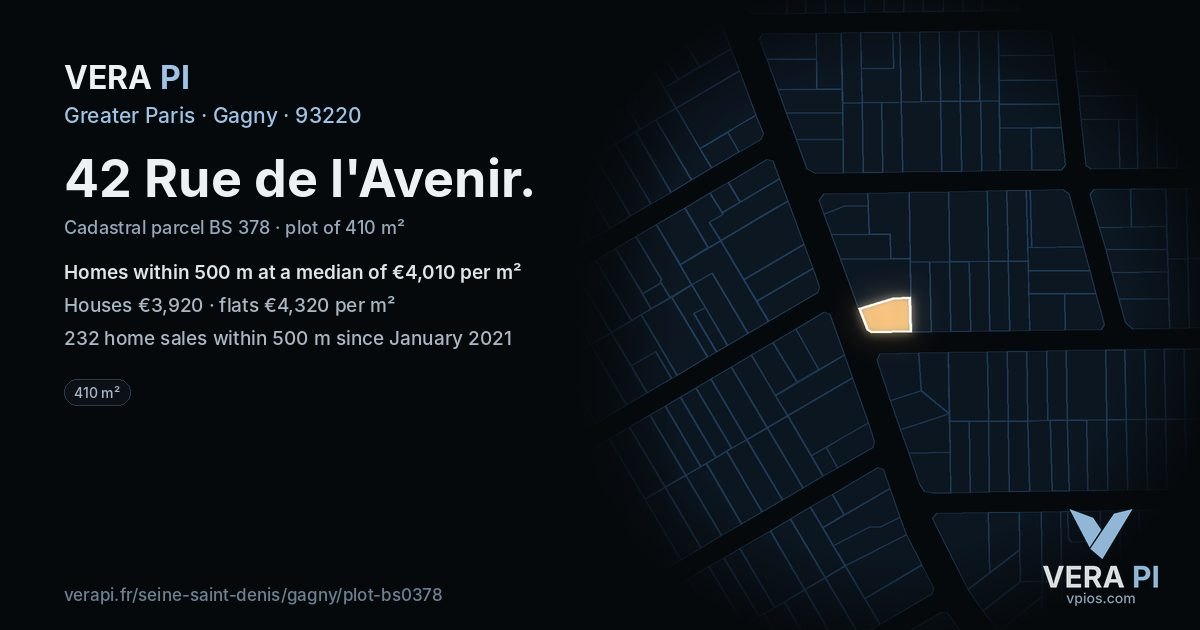 42 Rue de l'Avenir, Gagny at night – the plot lit, the parcels around coloured by the prices near them