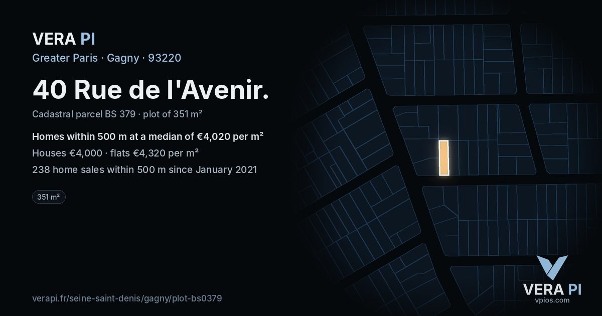 40 Rue de l'Avenir, Gagny at night – the plot lit, the parcels around coloured by the prices near them