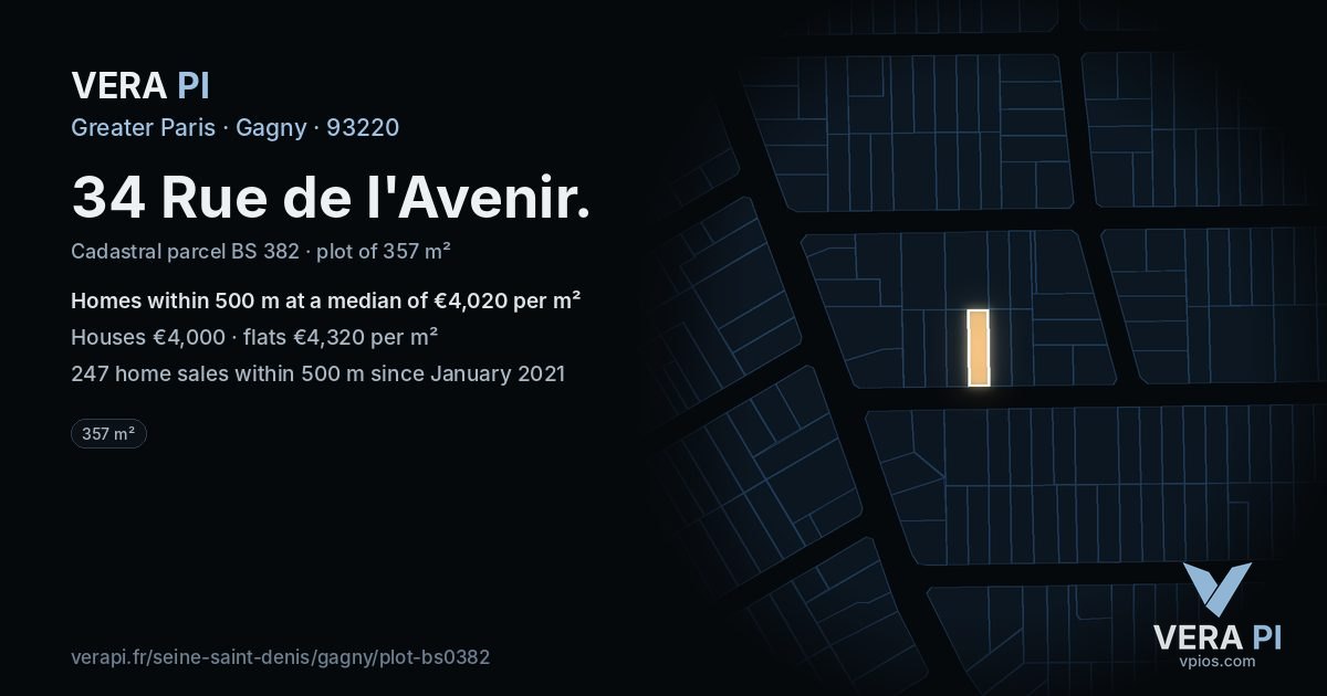 34 Rue de l'Avenir, Gagny at night – the plot lit, the parcels around coloured by the prices near them