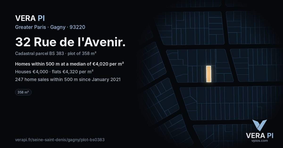 32 Rue de l'Avenir, Gagny at night – the plot lit, the parcels around coloured by the prices near them