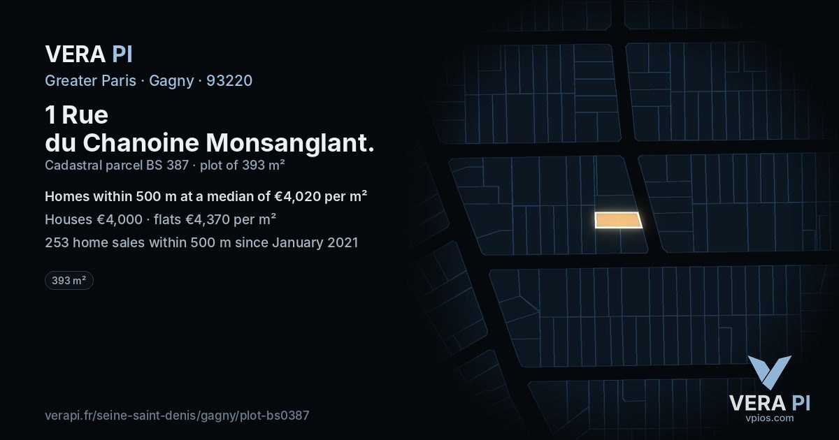 1 Rue du Chanoine Monsanglant, Gagny at night – the plot lit, the parcels around coloured by the prices near them