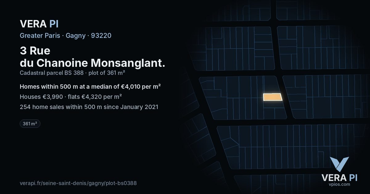 3 Rue du Chanoine Monsanglant, Gagny at night – the plot lit, the parcels around coloured by the prices near them