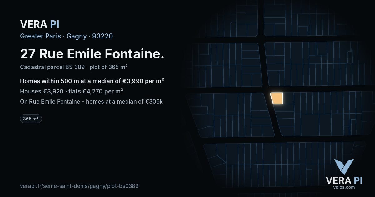 27 Rue Emile Fontaine, Gagny at night – the plot lit, the parcels around coloured by the prices near them