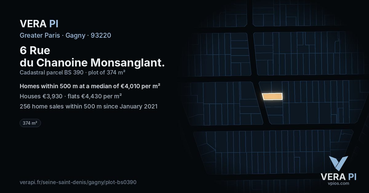 6 Rue du Chanoine Monsanglant, Gagny at night – the plot lit, the parcels around coloured by the prices near them