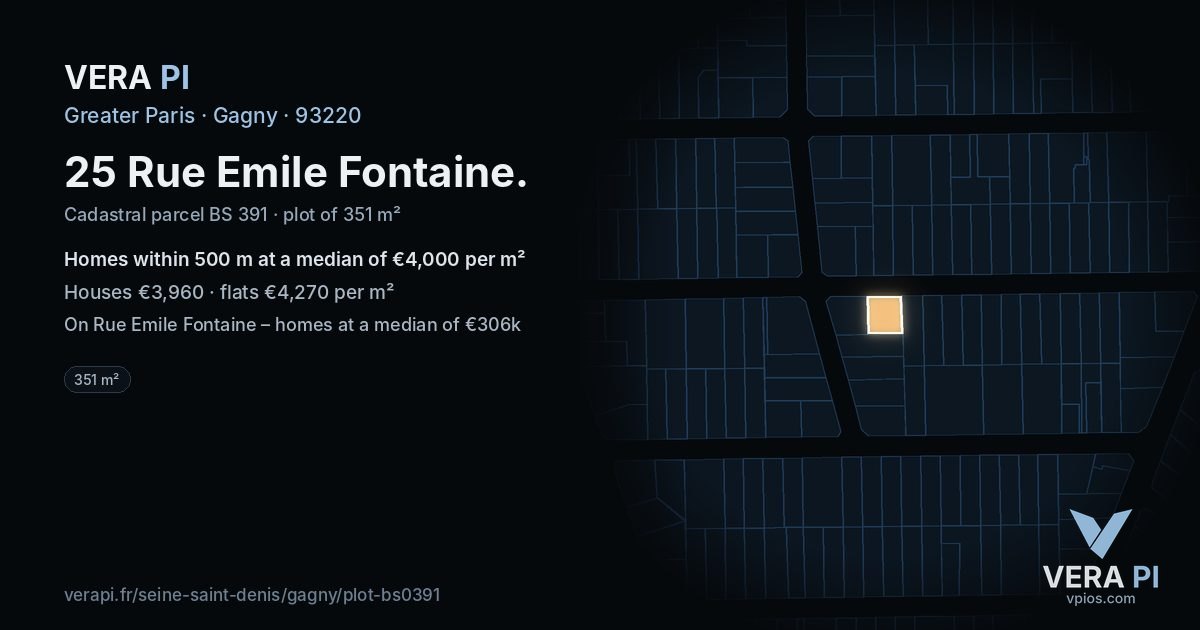 25 Rue Emile Fontaine, Gagny at night – the plot lit, the parcels around coloured by the prices near them