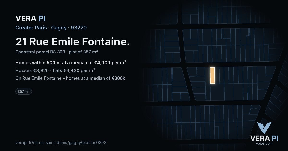 21 Rue Emile Fontaine, Gagny at night – the plot lit, the parcels around coloured by the prices near them