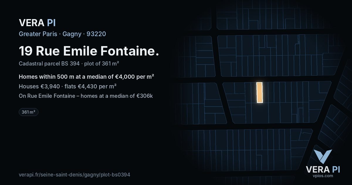 19 Rue Emile Fontaine, Gagny at night – the plot lit, the parcels around coloured by the prices near them