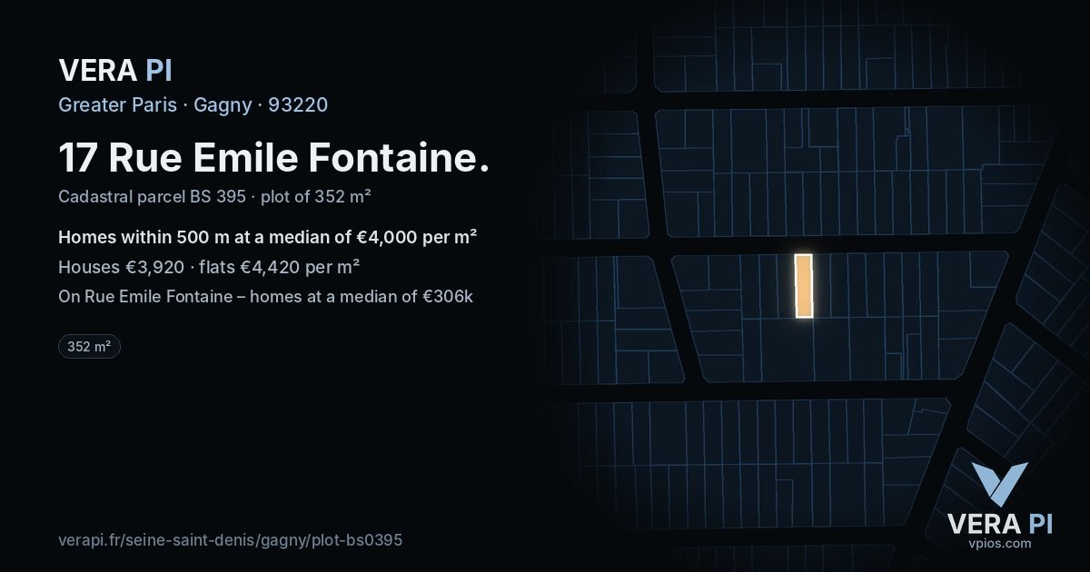 17 Rue Emile Fontaine, Gagny at night – the plot lit, the parcels around coloured by the prices near them