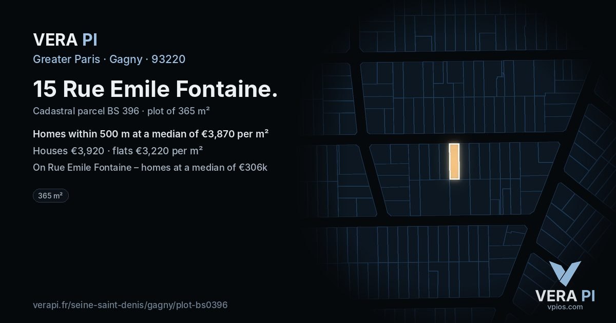 15 Rue Emile Fontaine, Gagny at night – the plot lit, the parcels around coloured by the prices near them