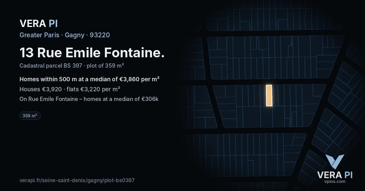 13 Rue Emile Fontaine, Gagny at night – the plot lit, the parcels around coloured by the prices near them
