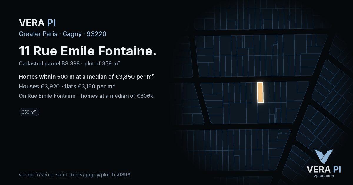 11 Rue Emile Fontaine, Gagny at night – the plot lit, the parcels around coloured by the prices near them