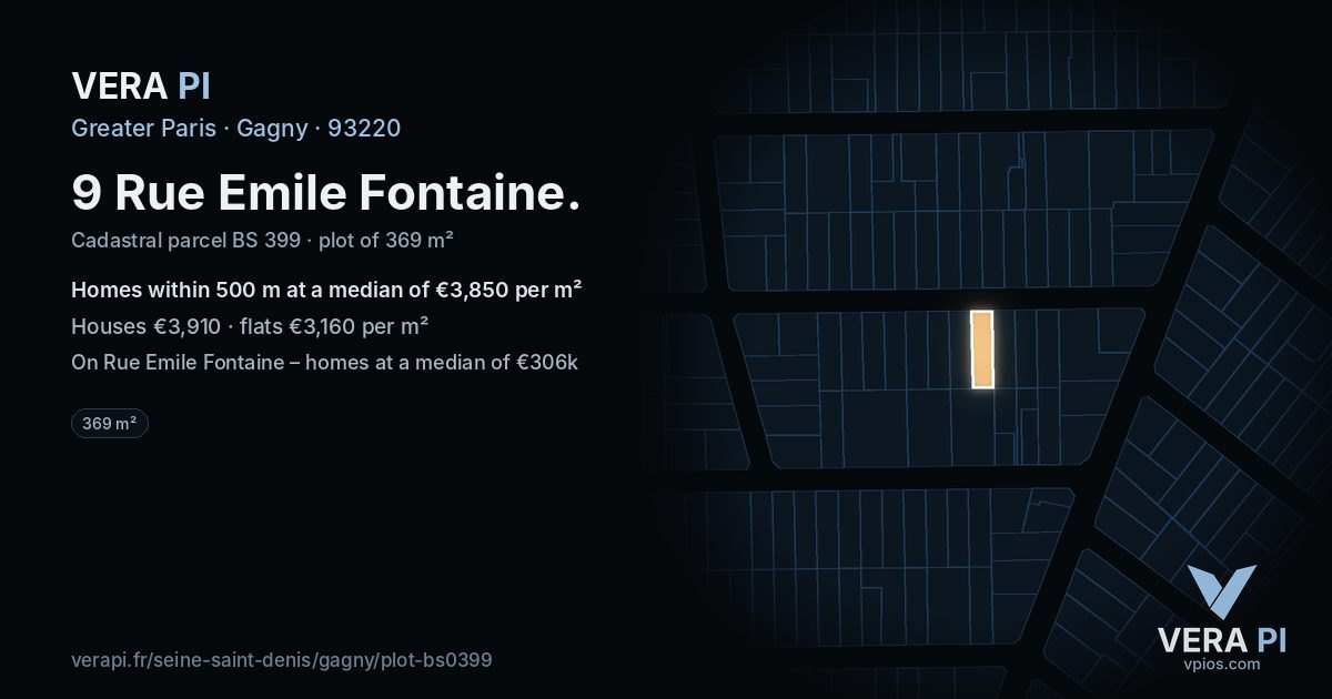 9 Rue Emile Fontaine, Gagny at night – the plot lit, the parcels around coloured by the prices near them