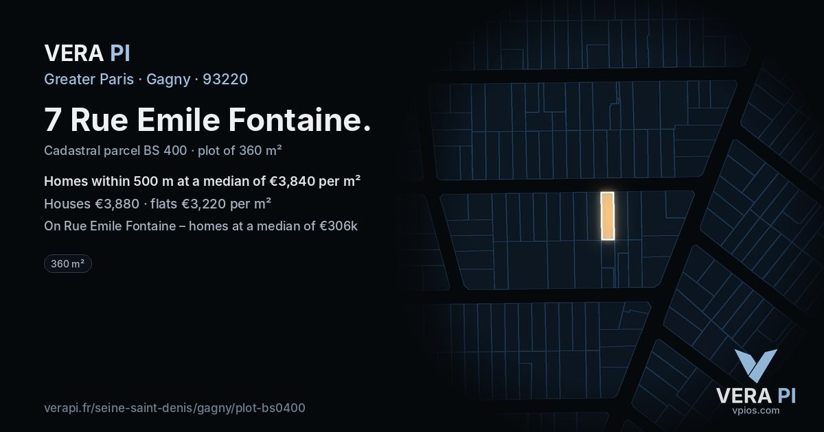 7 Rue Emile Fontaine, Gagny at night – the plot lit, the parcels around coloured by the prices near them