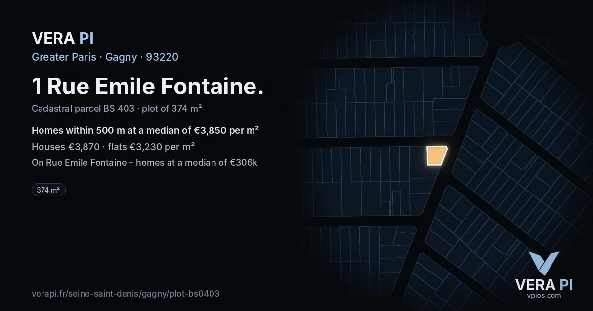 1 Rue Emile Fontaine, Gagny at night – the plot lit, the parcels around coloured by the prices near them