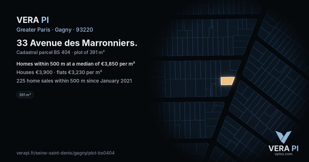 33 Avenue des Marronniers, Gagny at night – the plot lit, the parcels around coloured by the prices near them
