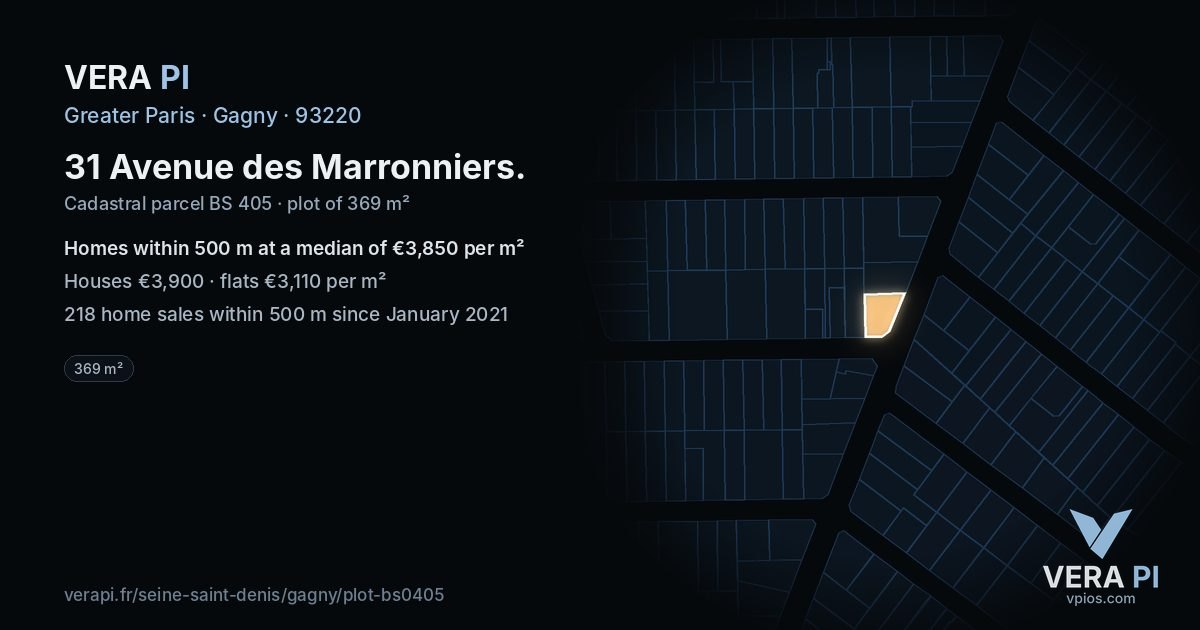 31 Avenue des Marronniers, Gagny at night – the plot lit, the parcels around coloured by the prices near them