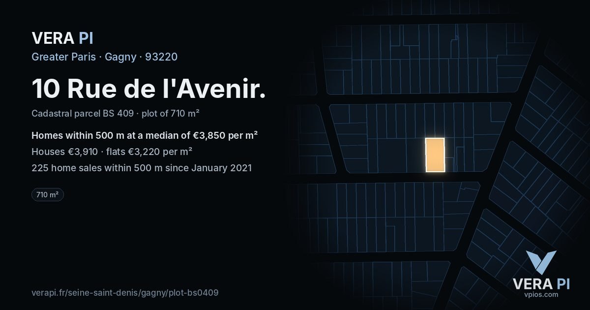 10 Rue de l'Avenir, Gagny at night – the plot lit, the parcels around coloured by the prices near them