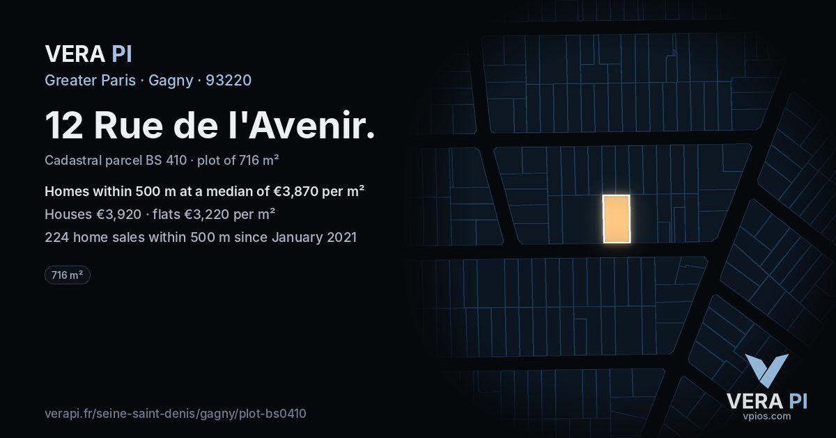 12 Rue de l'Avenir, Gagny at night – the plot lit, the parcels around coloured by the prices near them