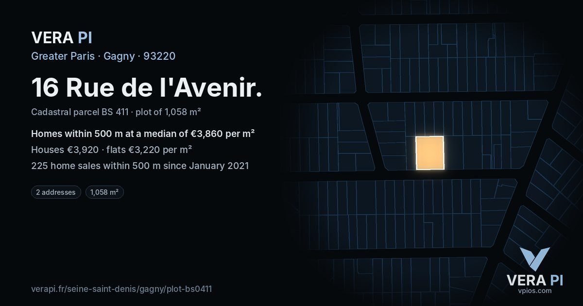 16 Rue de l'Avenir, Gagny at night – the plot lit, the parcels around coloured by the prices near them