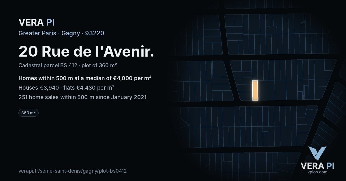 20 Rue de l'Avenir, Gagny at night – the plot lit, the parcels around coloured by the prices near them