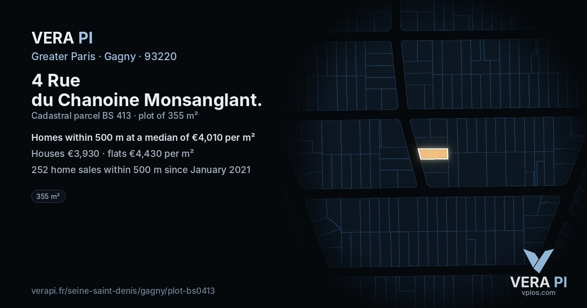 4 Rue du Chanoine Monsanglant, Gagny at night – the plot lit, the parcels around coloured by the prices near them
