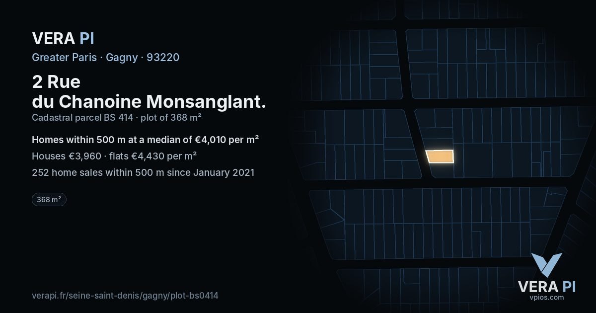 2 Rue du Chanoine Monsanglant, Gagny at night – the plot lit, the parcels around coloured by the prices near them
