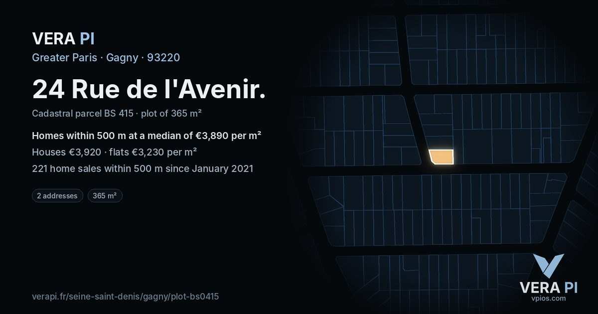 24 Rue de l'Avenir, Gagny at night – the plot lit, the parcels around coloured by the prices near them