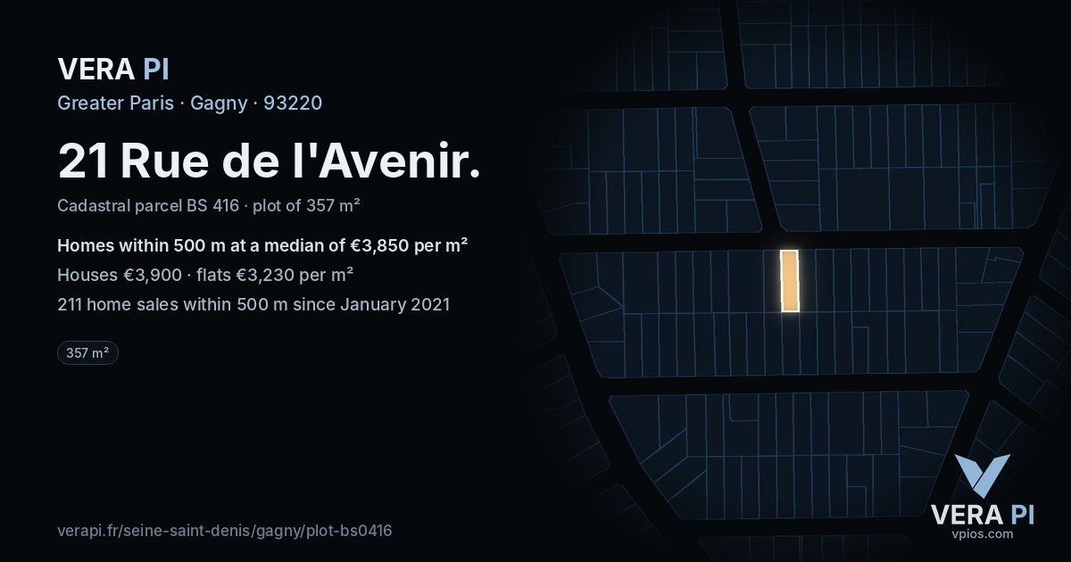 21 Rue de l'Avenir, Gagny at night – the plot lit, the parcels around coloured by the prices near them