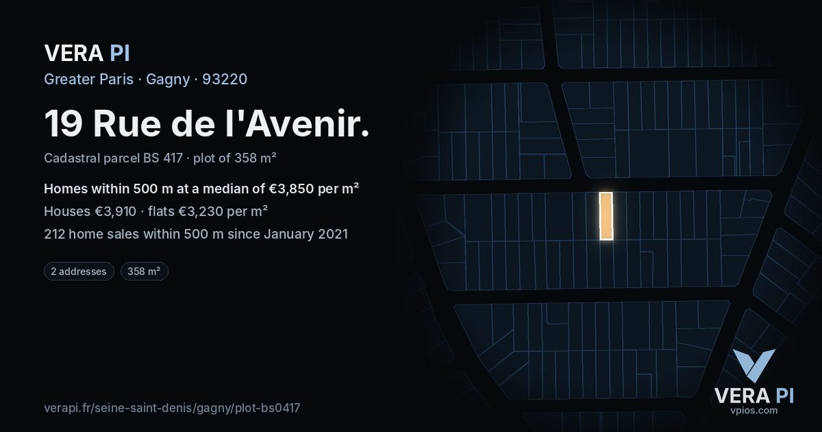 19 Rue de l'Avenir, Gagny at night – the plot lit, the parcels around coloured by the prices near them