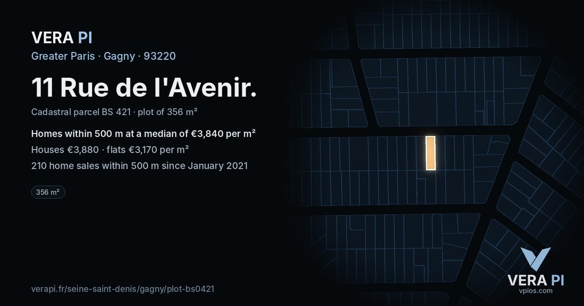 11 Rue de l'Avenir, Gagny at night – the plot lit, the parcels around coloured by the prices near them