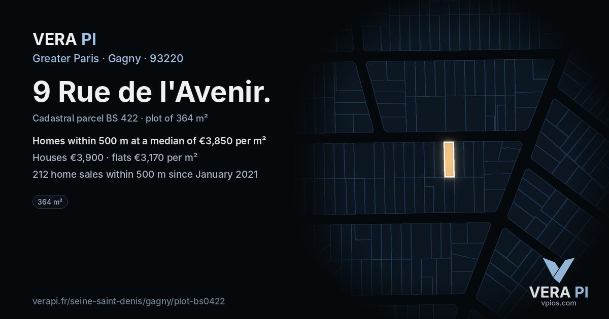 9 Rue de l'Avenir, Gagny at night – the plot lit, the parcels around coloured by the prices near them
