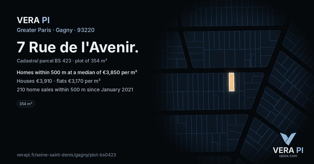 7 Rue de l'Avenir, Gagny at night – the plot lit, the parcels around coloured by the prices near them