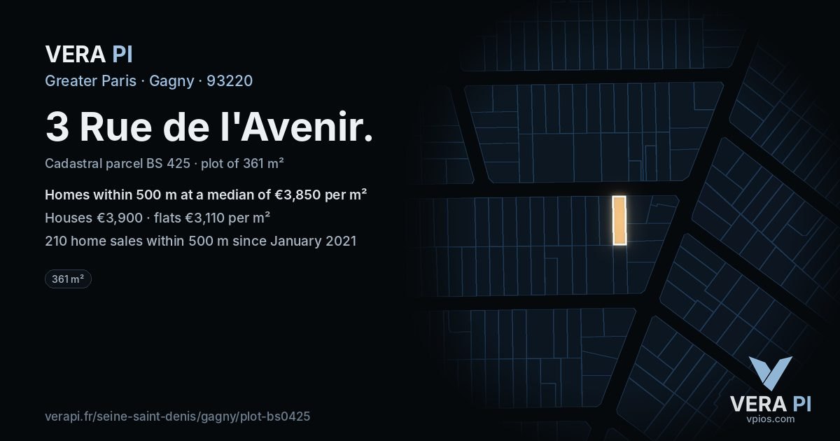 3 Rue de l'Avenir, Gagny at night – the plot lit, the parcels around coloured by the prices near them