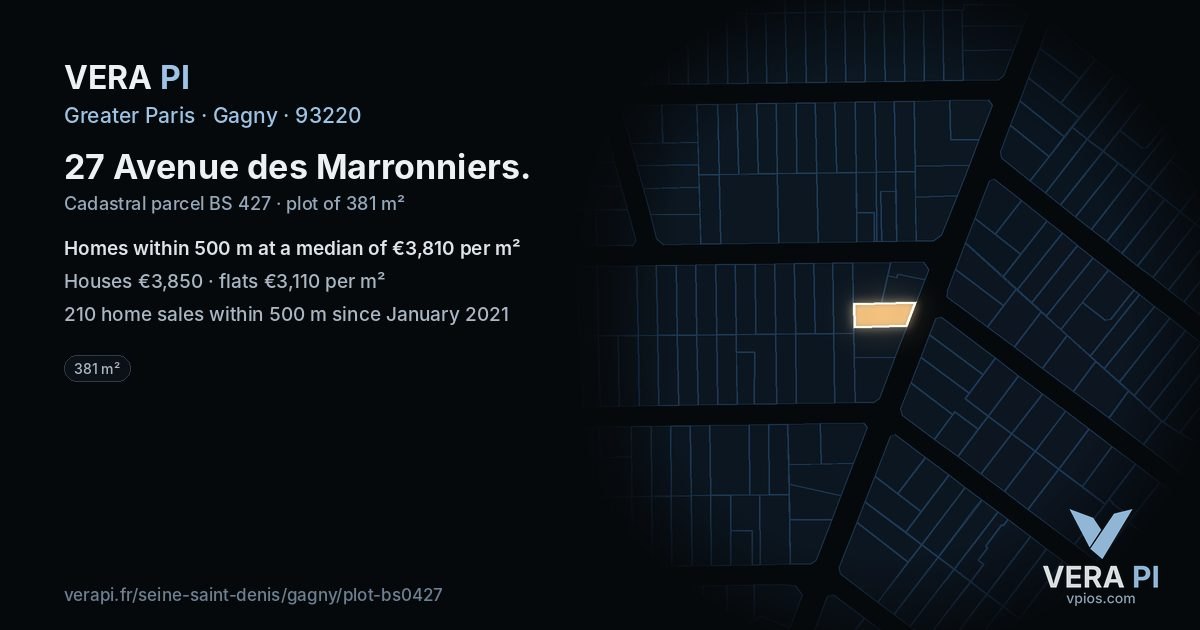 27 Avenue des Marronniers, Gagny at night – the plot lit, the parcels around coloured by the prices near them