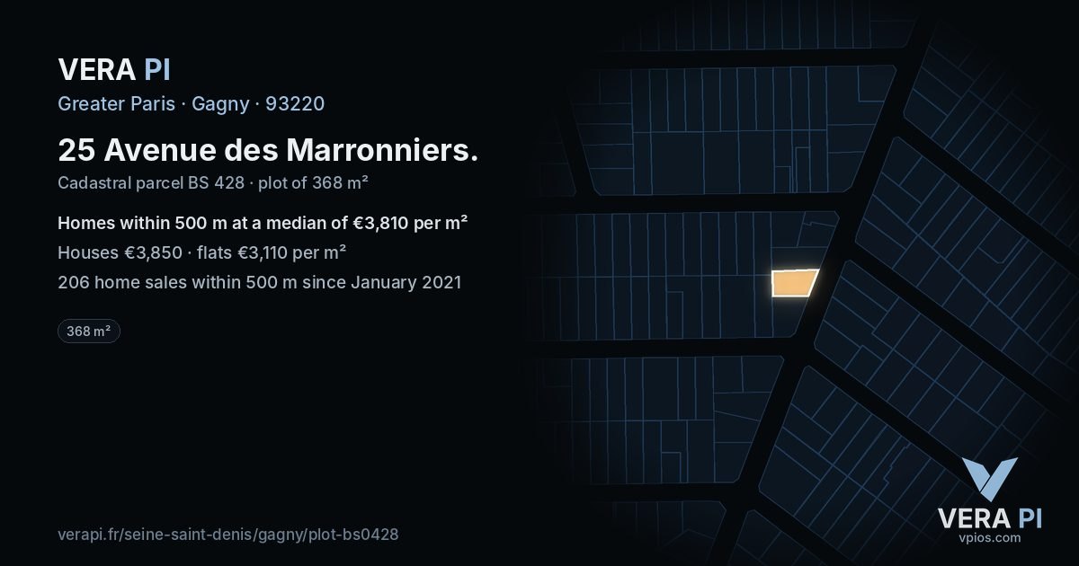 25 Avenue des Marronniers, Gagny at night – the plot lit, the parcels around coloured by the prices near them