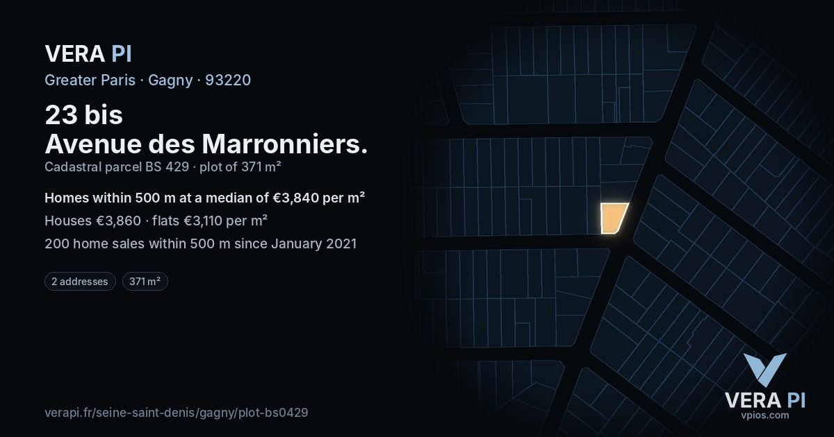 23 bis Avenue des Marronniers, Gagny at night – the plot lit, the parcels around coloured by the prices near them