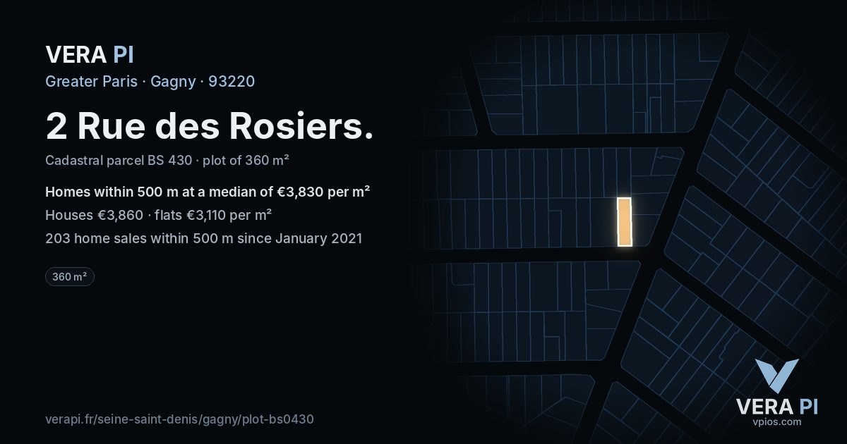 2 Rue des Rosiers, Gagny at night – the plot lit, the parcels around coloured by the prices near them