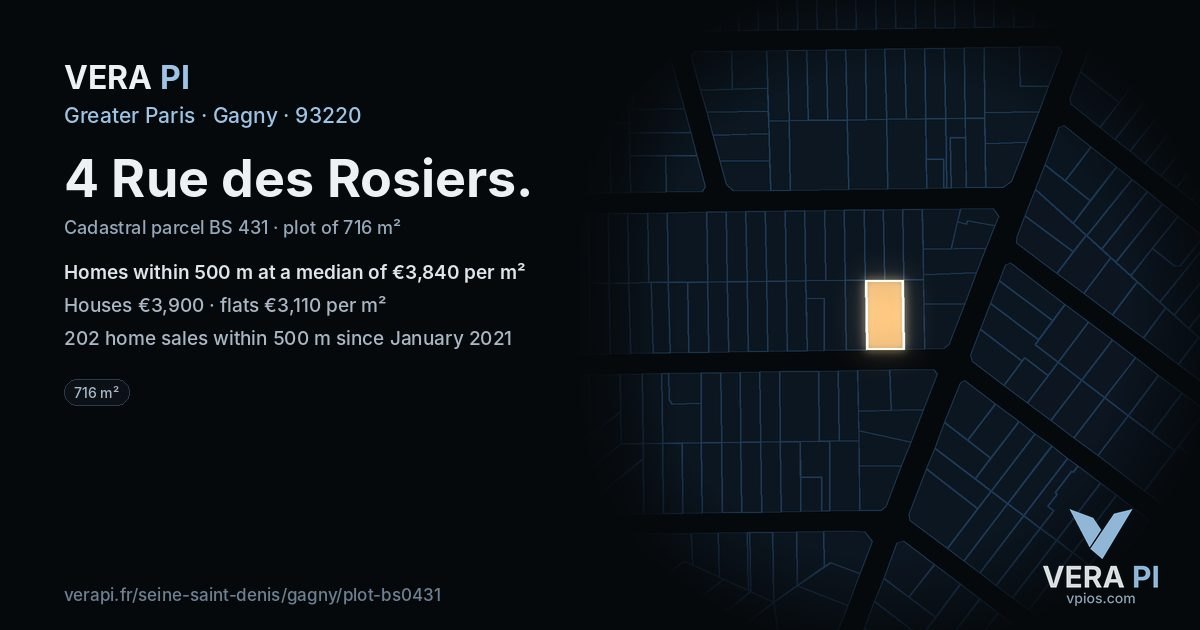 4 Rue des Rosiers, Gagny at night – the plot lit, the parcels around coloured by the prices near them