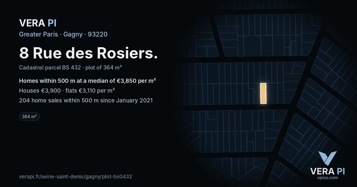 8 Rue des Rosiers, Gagny at night – the plot lit, the parcels around coloured by the prices near them
