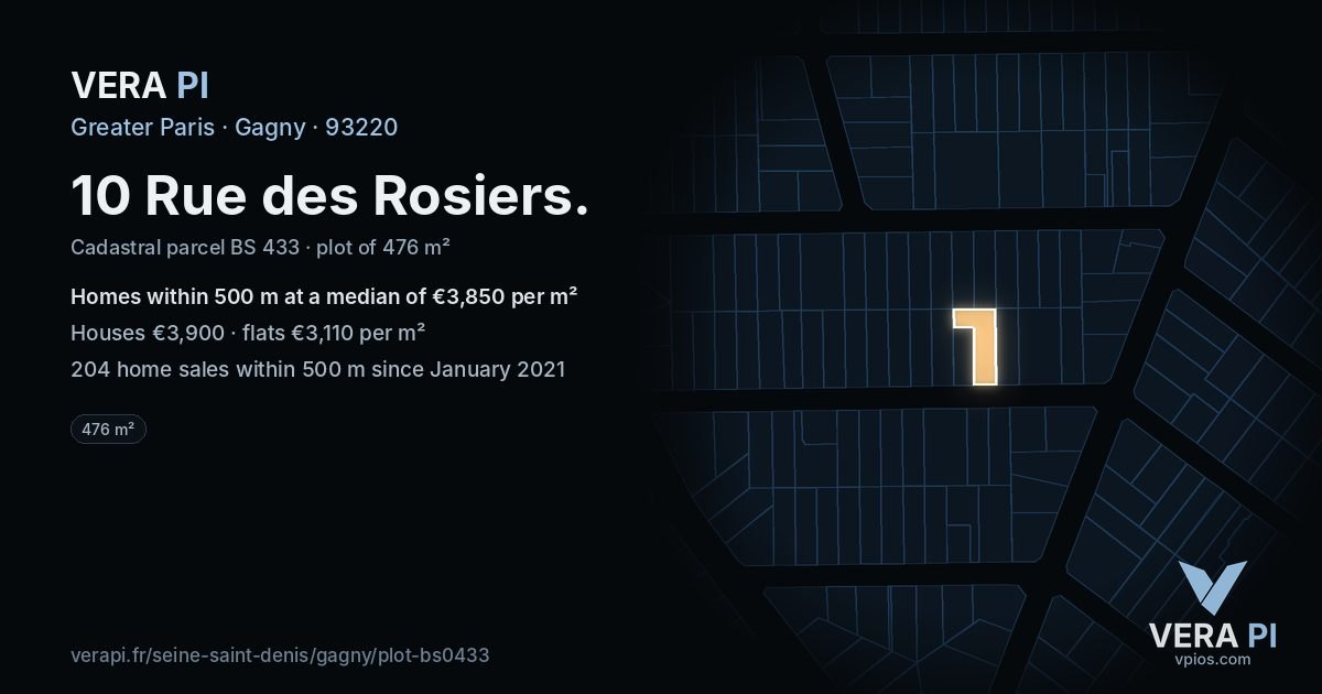 10 Rue des Rosiers, Gagny at night – the plot lit, the parcels around coloured by the prices near them