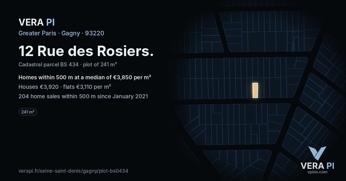 12 Rue des Rosiers, Gagny at night – the plot lit, the parcels around coloured by the prices near them